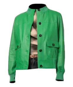 Womens Buttoned Green Leather Jacket