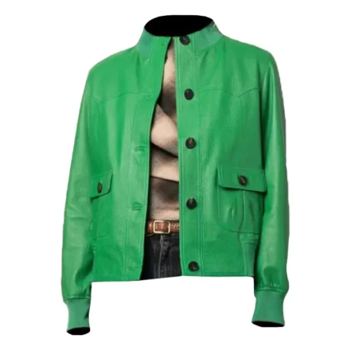 Womens Buttoned Green Leather Jacket