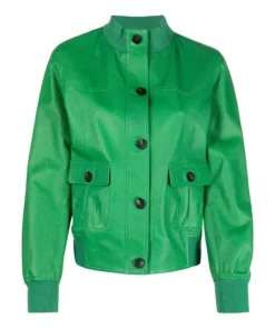 Womens Buttoned Green Leather Jacket
