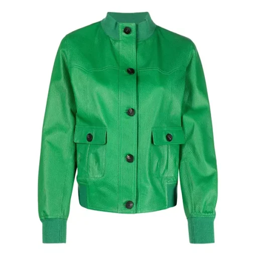 Womens Buttoned Green Leather Jacket