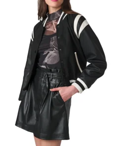 Black Varsity Letterman jackets for Women With Leather Sleeves