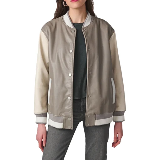 Clara Oversized Beige Bomber Varsity Leather Jacket Women’s