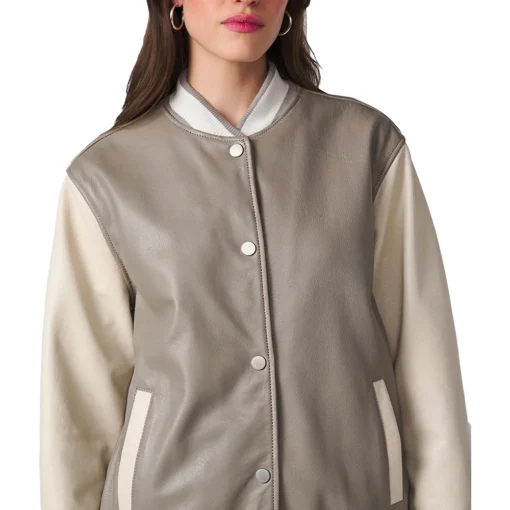 Clara Oversized Beige Bomber Varsity Leather Jacket Women’s