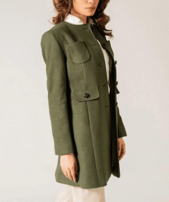 Women’s Round Neck Plain Green Long Coat
