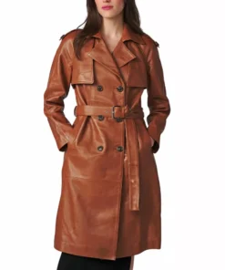 Genuine Brown Leather Trench Coat For Women