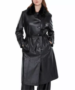 Black Leather Trench Coat With Fur Collar For Women