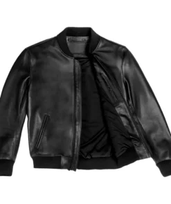 Men Black Bomber Ribbed Leather Jacket