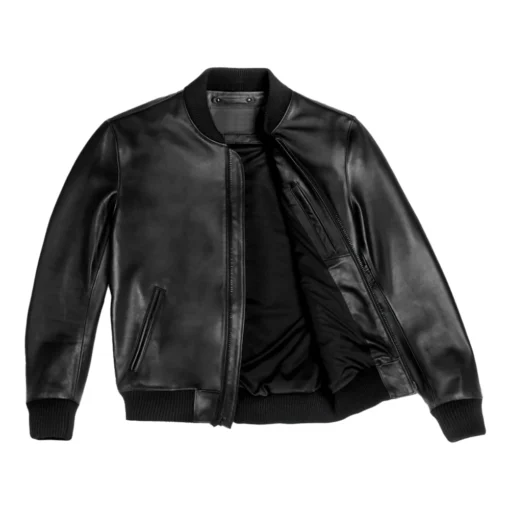 Men Black Bomber Ribbed Leather Jacket