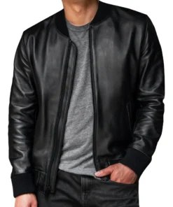Men Black Bomber Ribbed Leather Jacket