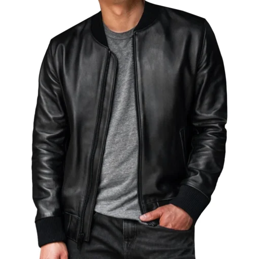 Men Black Bomber Ribbed Leather Jacket