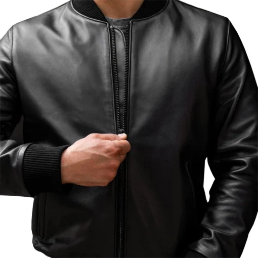 Men Black Bomber Ribbed Leather Jacket