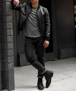 Men Black Bomber Ribbed Leather Jacket
