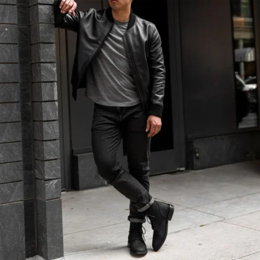 Men Black Bomber Ribbed Leather Jacket