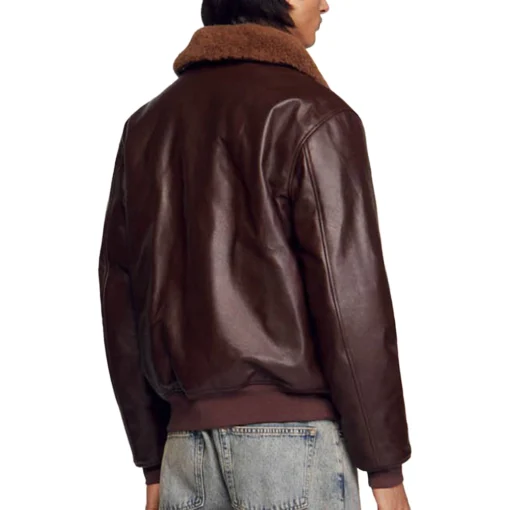 Dark Brown Leather Bomber Jacket With Shearling Collar Men