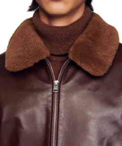 Dark Brown Leather Bomber Jacket With Shearling Collar Men