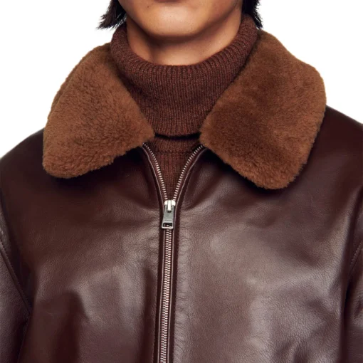 Dark Brown Leather Bomber Jacket With Shearling Collar Men