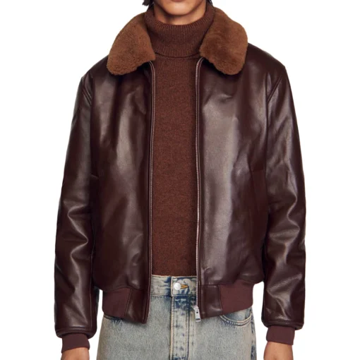 Dark Brown Leather Bomber Jacket With Shearling Collar Men