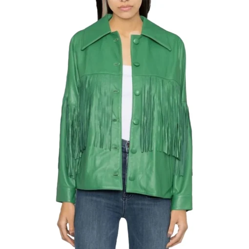 Green Fringe Leather Jacket for Women