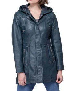 Women’s Navy Color Genuine Leather Hooded Coat
