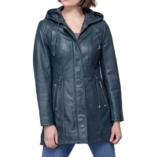 Women’s Navy Color Genuine Leather Hooded Coat
