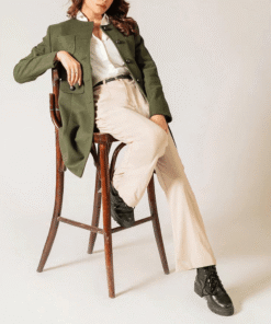 Women’s Round Neck Plain Green Long Coat