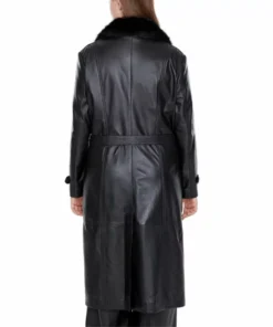 Black Leather Trench Coat With Fur Collar For Women