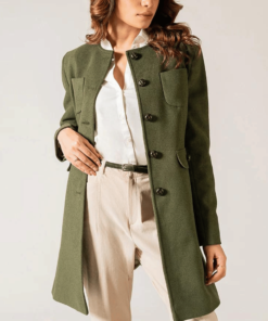 Women’s Round Neck Plain Green Long Coat