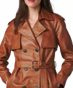 Genuine Brown Leather Trench Coat For Women