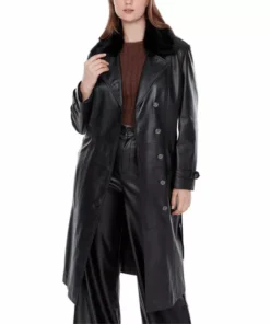 Black Leather Trench Coat With Fur Collar For Women