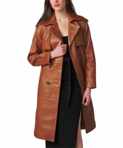 Genuine Brown Leather Trench Coat For Women