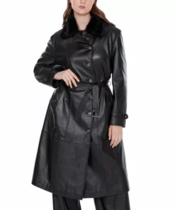 Black Leather Trench Coat With Fur Collar For Women