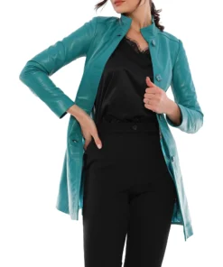 Ailsa Turquoise Blue Leather Trench Coat