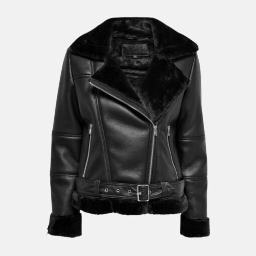 Agnes Asymmetrical Womens Black Shearling Leather Jacket