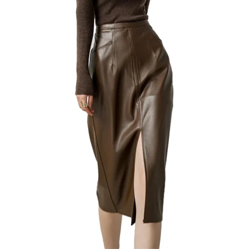Front Slit Leather Midi Skirt For Women