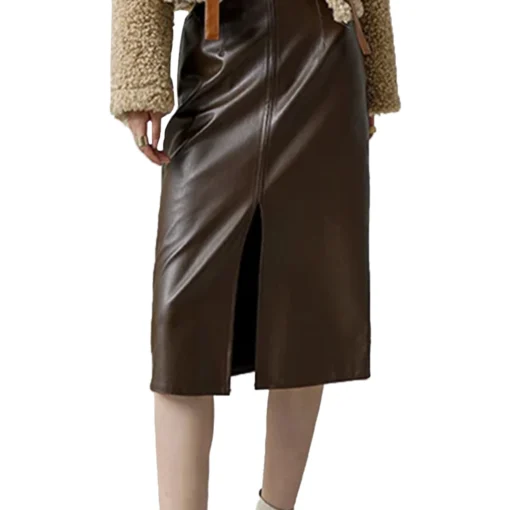 Front Slit Leather Midi Skirt For Women