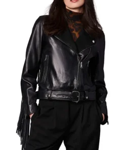 Erika Fringe Moto Leather Jacket in Black