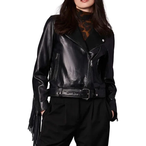 Erika Fringe Moto Leather Jacket in Black