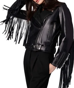 Erika Fringe Moto Leather Jacket in Black