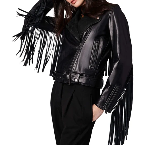 Erika Fringe Moto Leather Jacket in Black