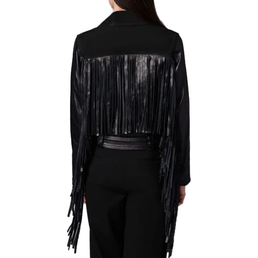 Erika Fringe Moto Leather Jacket in Black