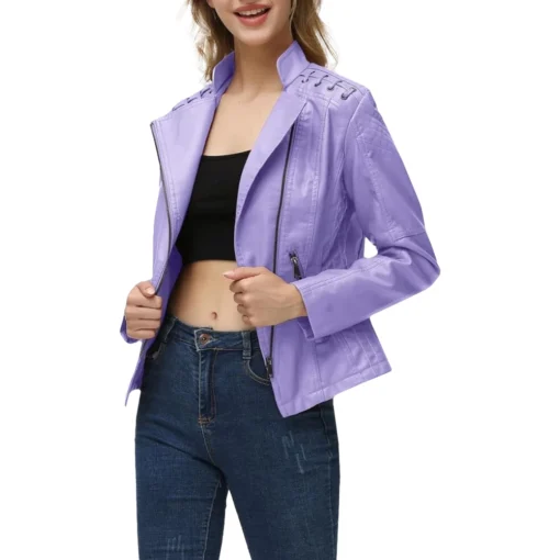 Stylish Women’s Purple Leather Short Motorcycle Jackets