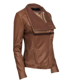 Brown Leather Zip Up Jacket For Women