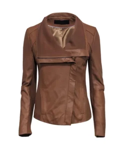 Brown Leather Zip Up Jacket For Women
