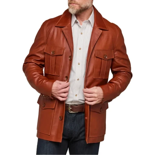 Lucas Brown Leather Safari Jacket Mens