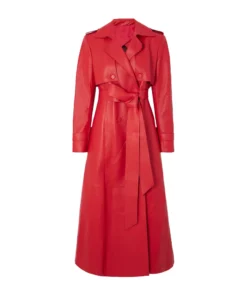 Red Leather Long Trench Coat For Women