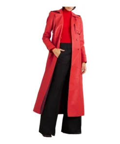 Red Leather Long Trench Coat For Women