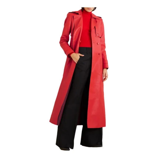 Red Leather Long Trench Coat For Women