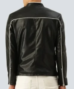 Men Red White Striped Black Biker Jacket