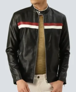 Men Red White Striped Black Biker Jacket