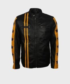 Mens Biker Yellow Star Black Leather Jacket
